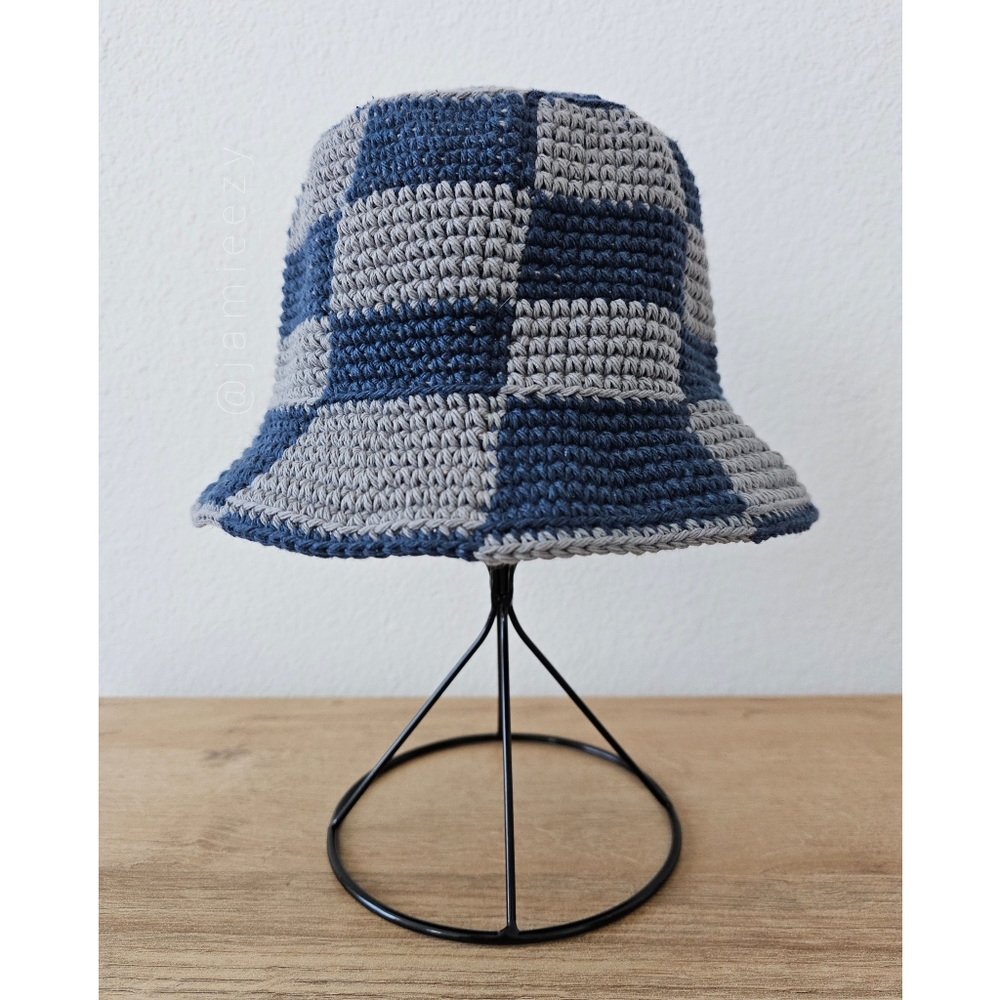 Checkered Crochet Bucket Hat - Navy/Gray (Handmade) - Picture 1 of 11
